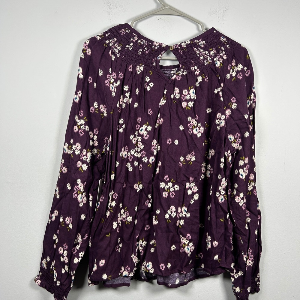 NWT Sonoma Blouse Women's XL Plum Purple Floral Smocked Neck Boho Peasant Office - Picture 2 of 7